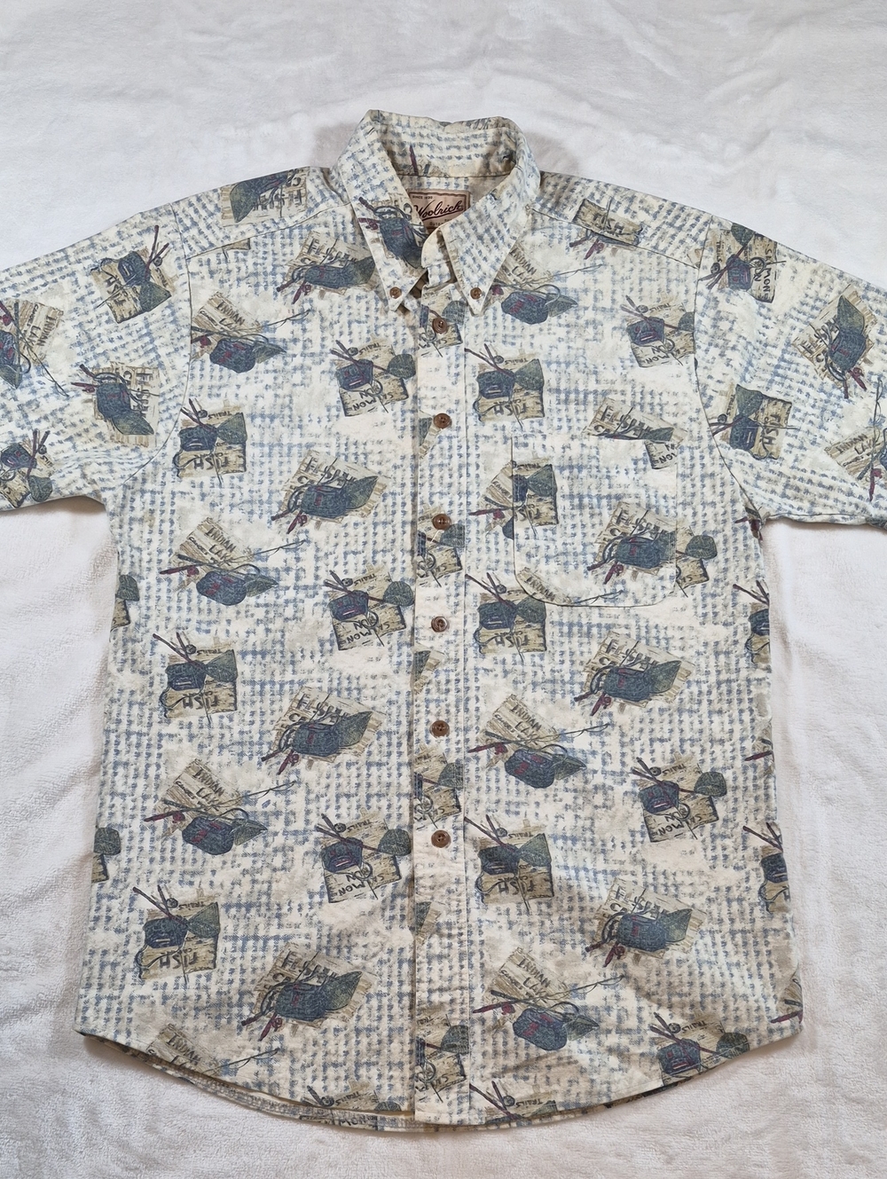 Woolrich Ivory Short-Sleeve Button-Down with Blue & Brown Print